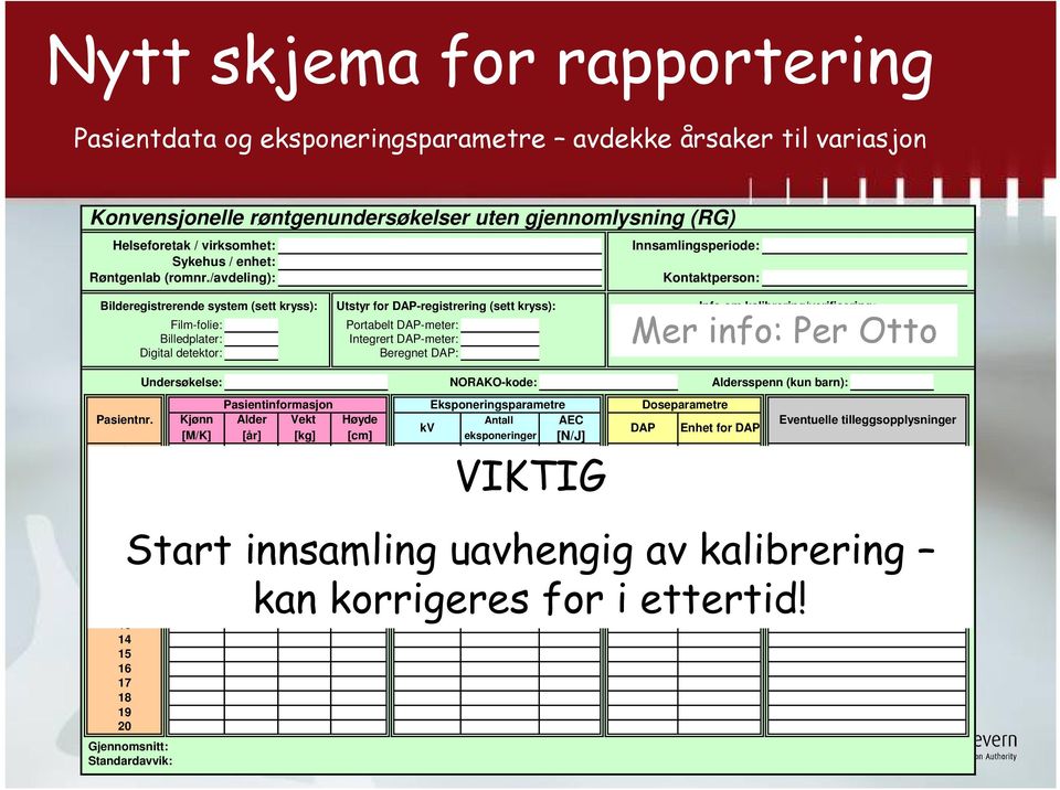 /avdeling): 1 2 3 4 5 6 7 8 9 10 11 12 13 14 15 16 17 18 19 20 Gjennomsnitt: Standardavvik: Innsamlingsperiode: Bilderegistrerende system (sett kryss): Utstyr for DAP-registrering (sett kryss): Info