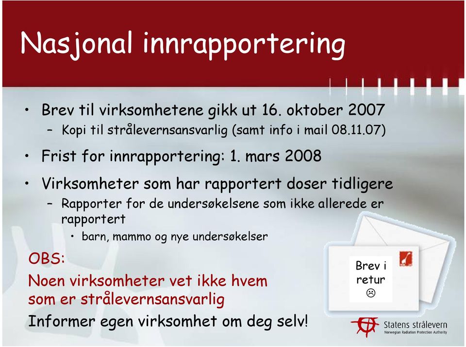 mars 2008 Virksomheter som har rapportert doser tidligere Rapporter for de undersøkelsene som ikke allerede