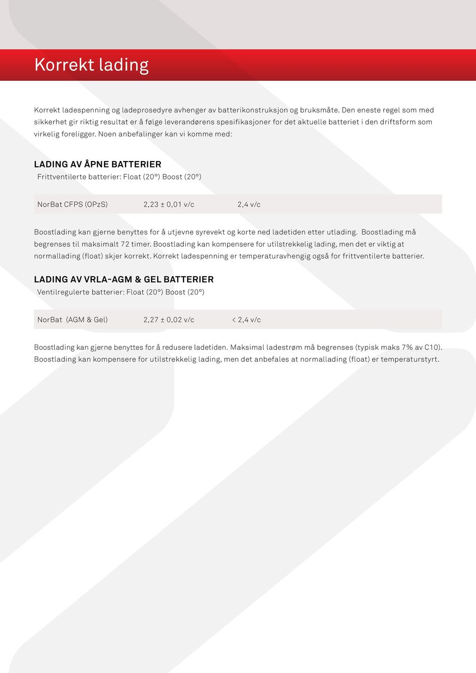 Noen anbefalinger kan vi komme med: LADING AV ÅPNE BATTERIER Frittventilerte batterier: Float (20 ) Boost (20 ) NorBat CFPS (OPzS) 2,23 ± 0,01 v/c 2,4 v/c Boostlading kan gjerne benyttes for å