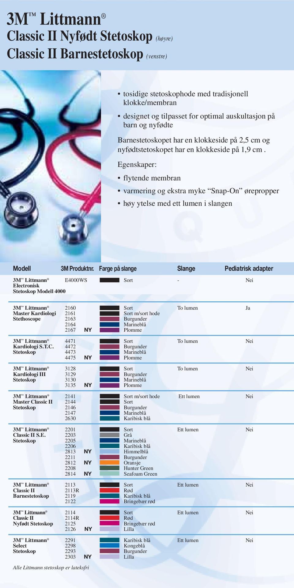 Farge på slange Slange Pediatrisk adapter 3M Littmann E4000WS Sort - Nei Electronisk Stetoskop Modell 4000 3M Littmann 2160 Sort To lumen Ja Master Kardiologi 2161 Sort m/sort hode Stethoscope 2163