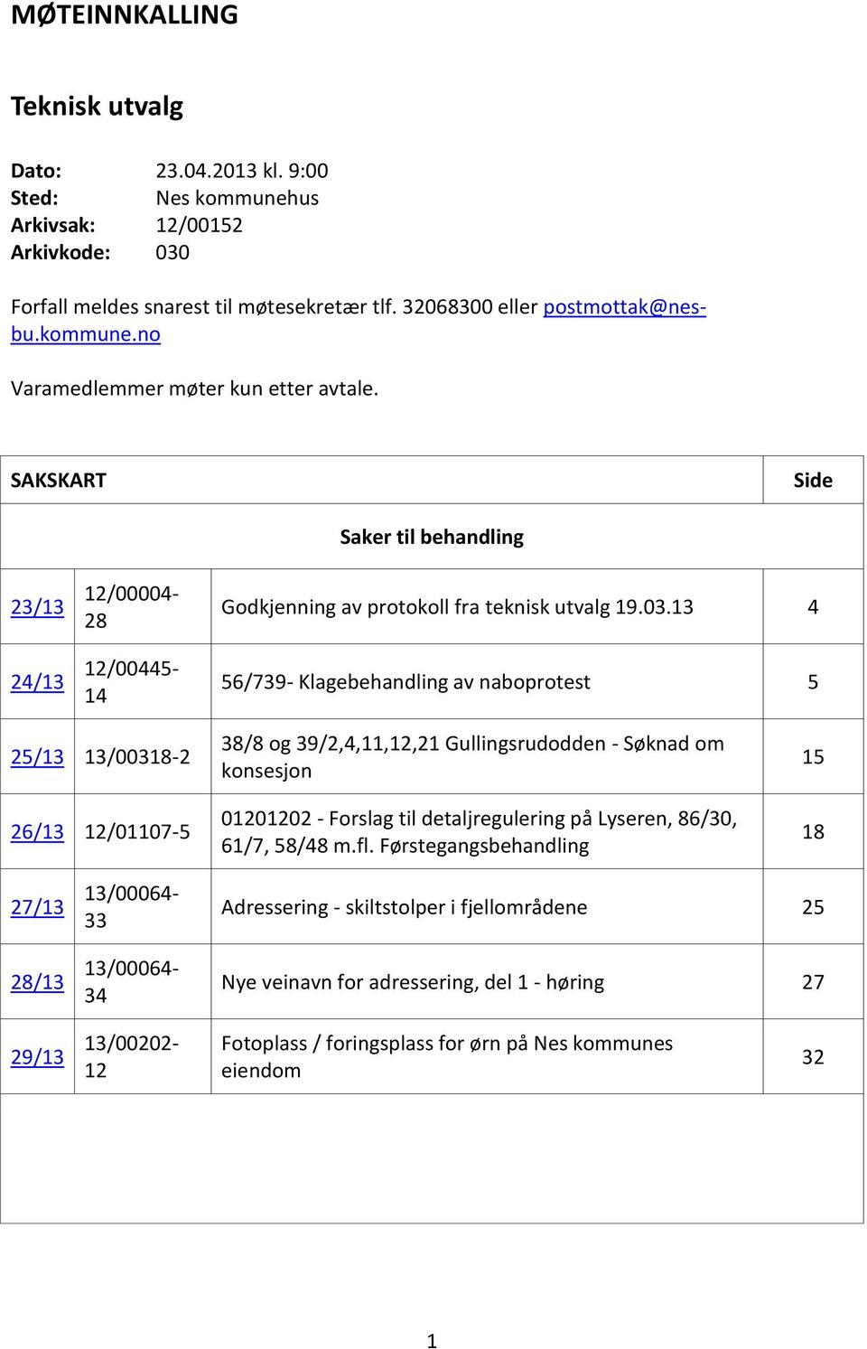 no 12/00004-28 12/00445-14 Saker til behandling Godkjenning av protokoll fra teknisk utvalg 19.03.