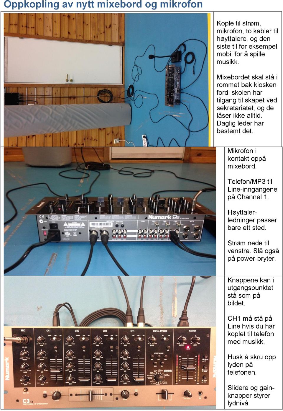 Mikrofon i kontakt oppå mixebord. Telefon/MP3 til Line-inngangene på Channel 1. Høyttalerledninger passer bare ett sted. Strøm nede til venstre.