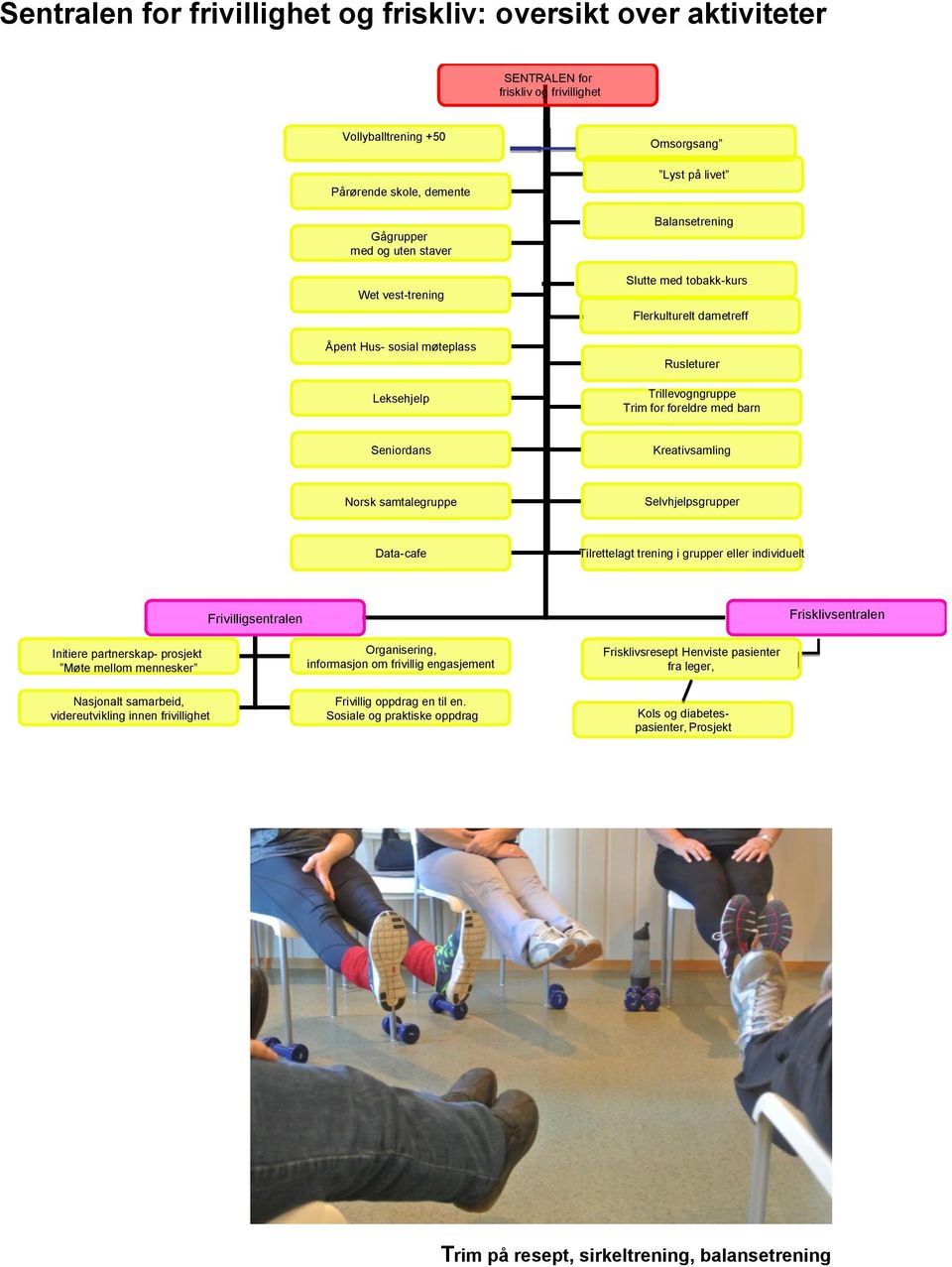 Kreativsamling Norsk samtalegruppe Selvhjelpsgrupper Data-cafe Tilrettelagt trening i grupper eller individuelt Frivilligsentralen Frisklivsentralen Initiere partnerskap- prosjekt Møte mellom