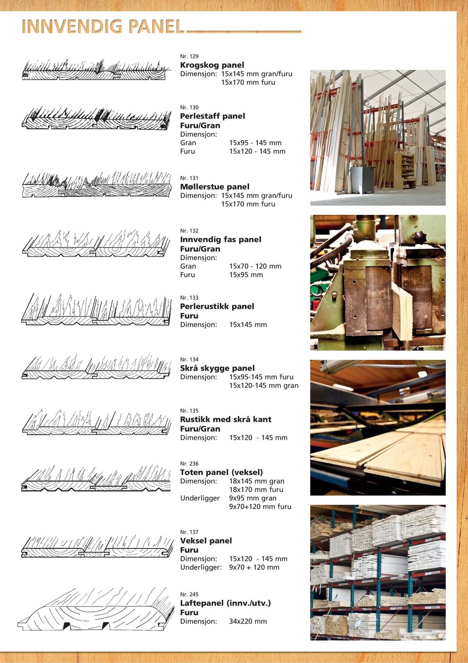 133 Perlerustikk panel Furu 15x145 mm Nr. 134 Skrå skygge panel 15x95-145 mm furu 15x120-145 mm gran Nr. 135 Rustikk med skrå kant Furu/Gran 15x120-145 mm Nr.