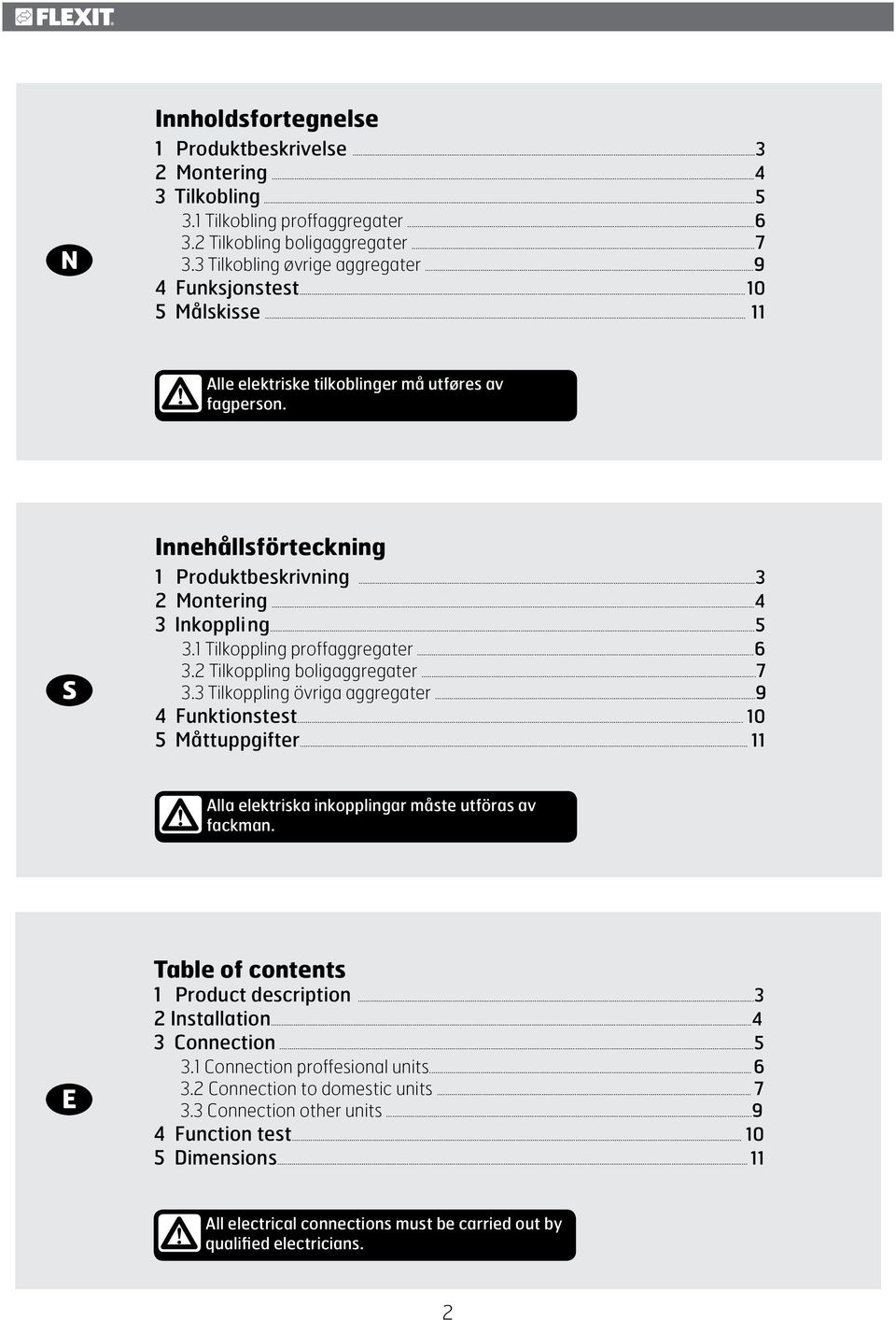 ... Tilkoppling övriga aggregater... Funktionstest... 0 Måttuppgifter...! Alla elektriska inkopplingar måste utföras av fackman. Table of contents Product description... Installation... onnection.