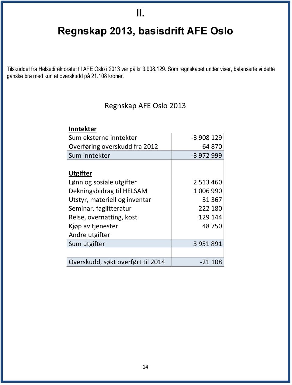 Regnskap AFE Oslo 2013 Inntekter Sum eksterne inntekter -3 908 129 Overføring overskudd fra 2012-64 870 Sum inntekter -3 972 999 Utgifter Lønn og sosiale