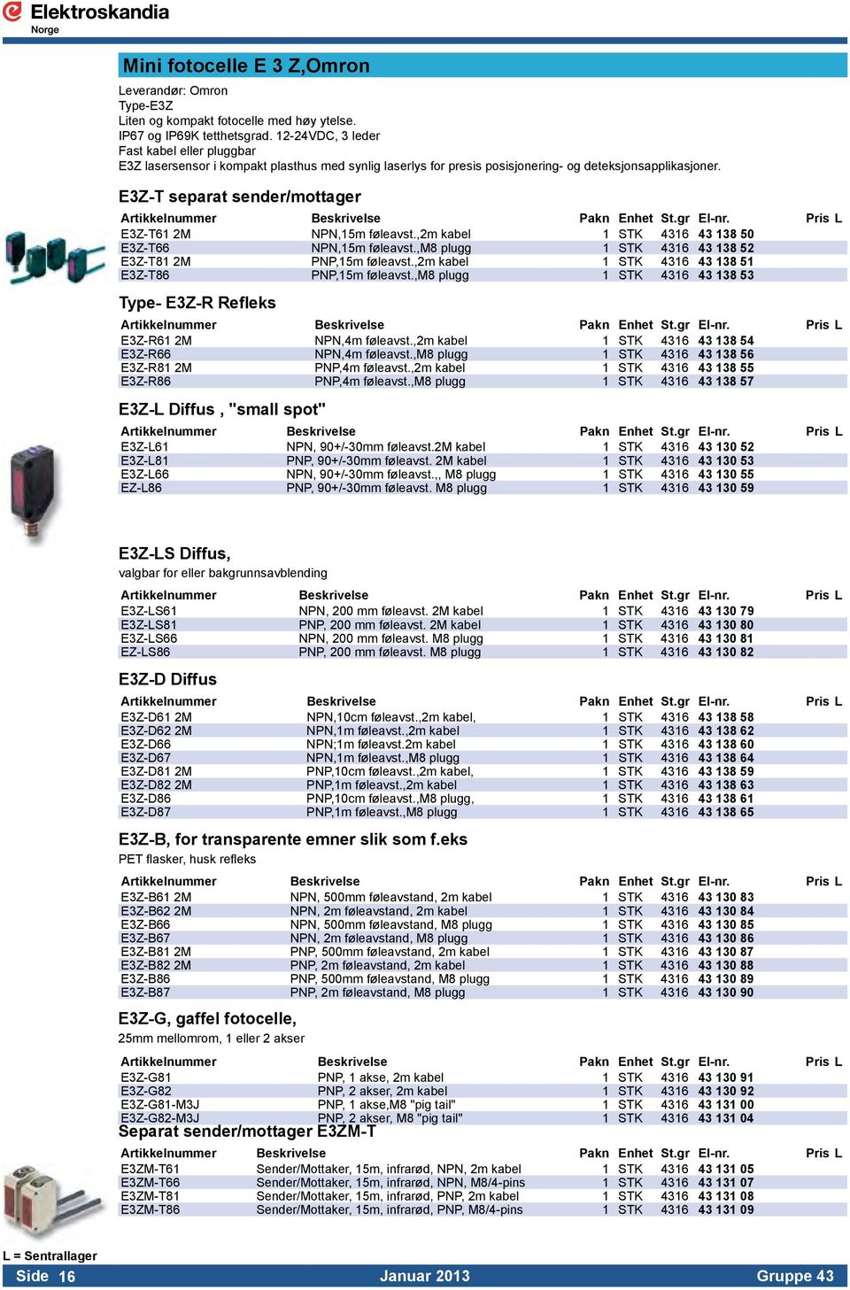 E3Z-T separat sender/mottager Artikkelnummer Beskrivelse Pakn Enhet St.gr El-nr. Pris L E3Z-T61 2M NPN,15m føleavst.,2m kabel 1 STK 4316 43 138 50 E3Z-T66 NPN,15m føleavst.