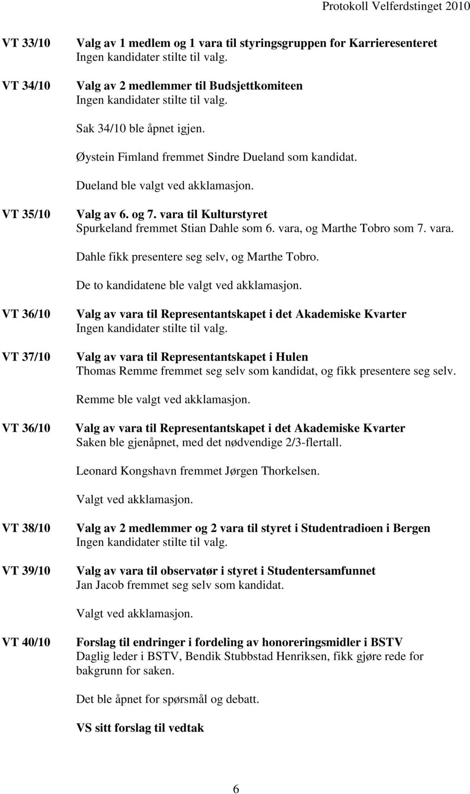 vara, og Marthe Tobro som 7. vara. Dahle fikk presentere seg selv, og Marthe Tobro. De to kandidatene ble valgt ved akklamasjon.