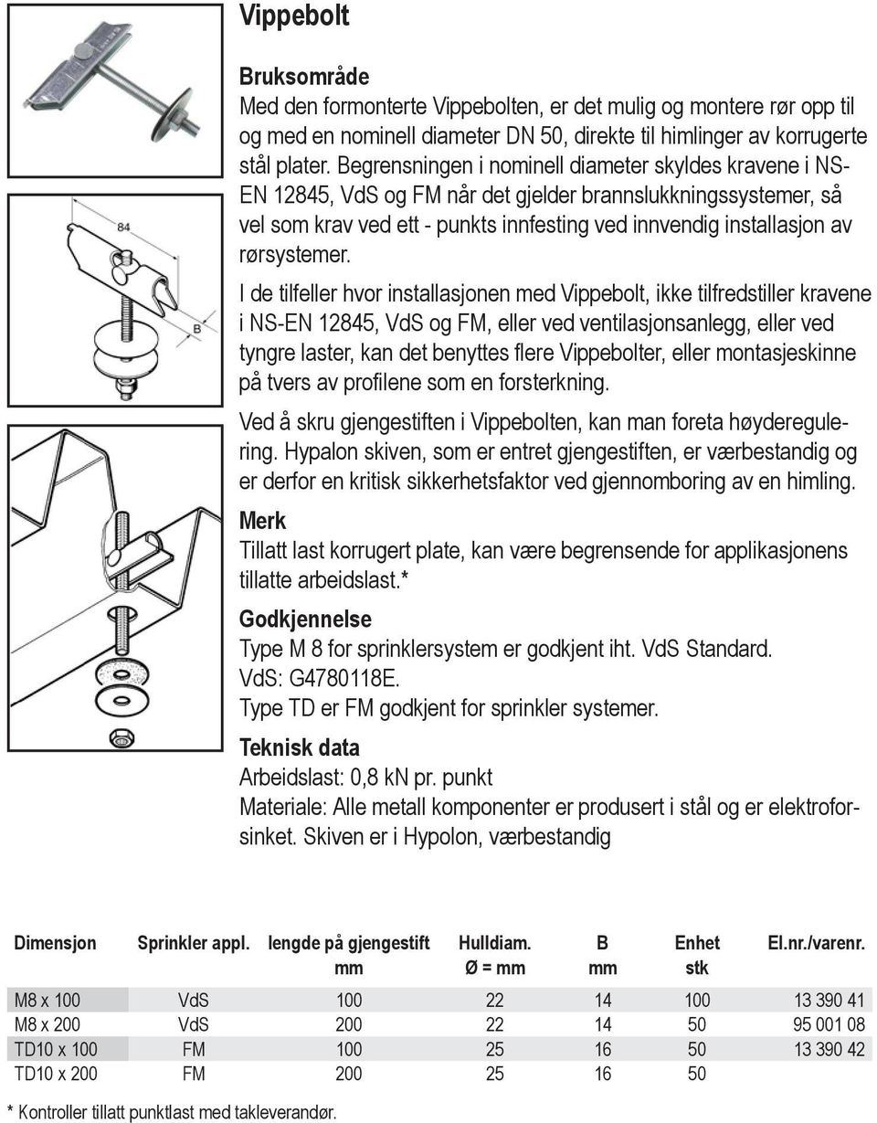 Vippebolt Begrensningen i nominell diameter skyldes kravene i NS- BruksomrŒde EN Vippebolt 12845, Med den VdS formonterte og FM når Vippebolten, det gjelder er det brannslukkningssystemer, mulig og