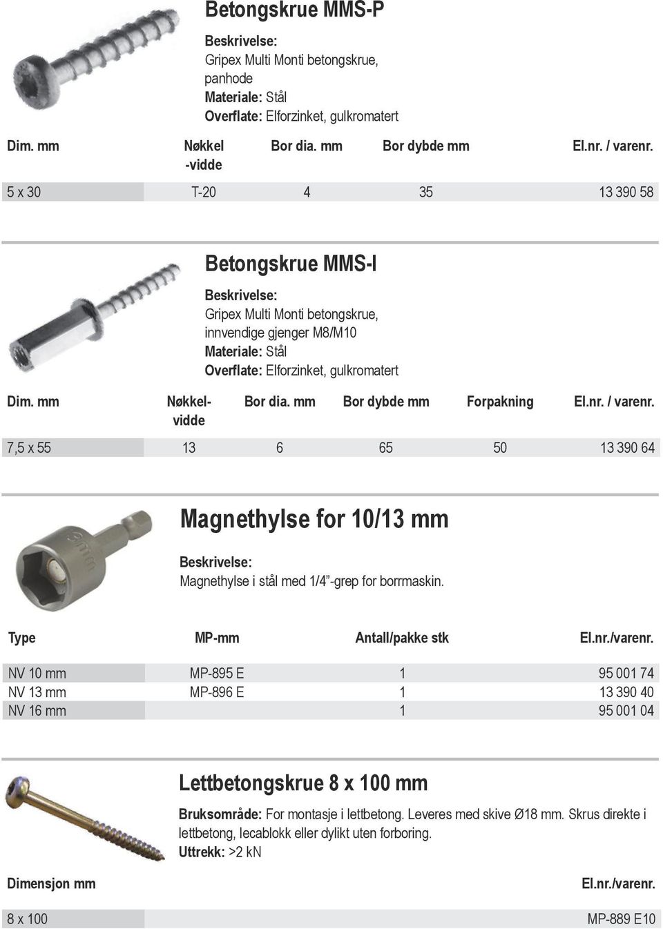 Bor dybde Forpakning 6 65 50 Festemateriell El.nr. / varenr. 390 64 Magnethylse for 10/ Beskrivelse: Magnethylse i stål med 1/4 -grep for borrmaskin.