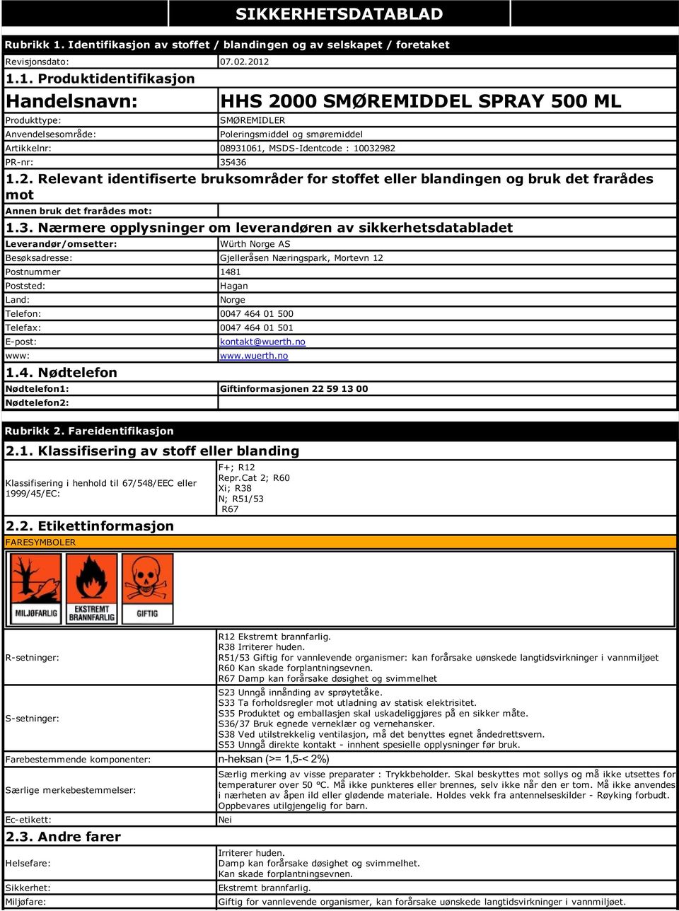 1.1. Produktidentifikasjon Handelsnavn Produkttype Anvendelsesområde HHS 2000 SMØREMIDDEL SPRAY 500 ML SMØREMIDLER Poleringsmiddel og smøremiddel Artikkelnr 08931061, MSDS-Identcode 10032982 PR-nr