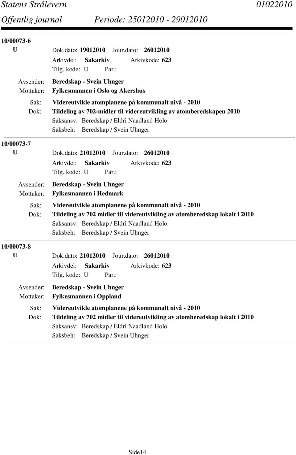 videreutvikling av atomberedskapen 2010 Saksansv: Beredskap / Eldri Naadland Holo Saksbeh: Beredskap / Svein Uhnger 10/00073-7 U Dok.dato: 21012010 Jour.