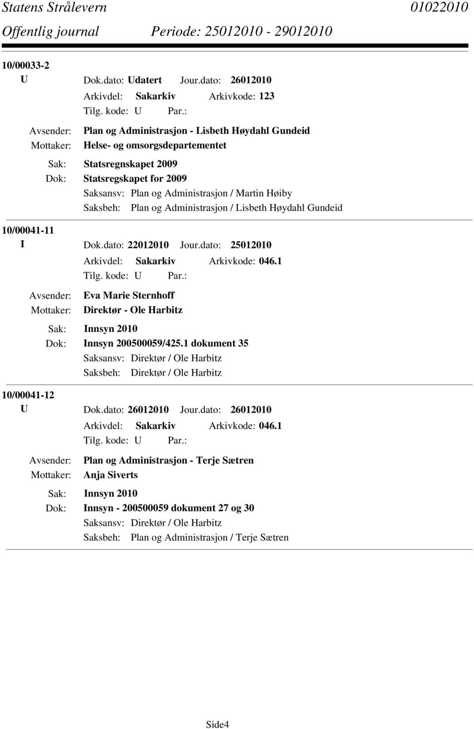 Administrasjon / Martin Høiby Saksbeh: Plan og Administrasjon / Lisbeth Høydahl Gundeid 10/00041-11 I Dok.dato: 22012010 Jour.dato: 25012010 Arkivdel: Sakarkiv Arkivkode: 046.