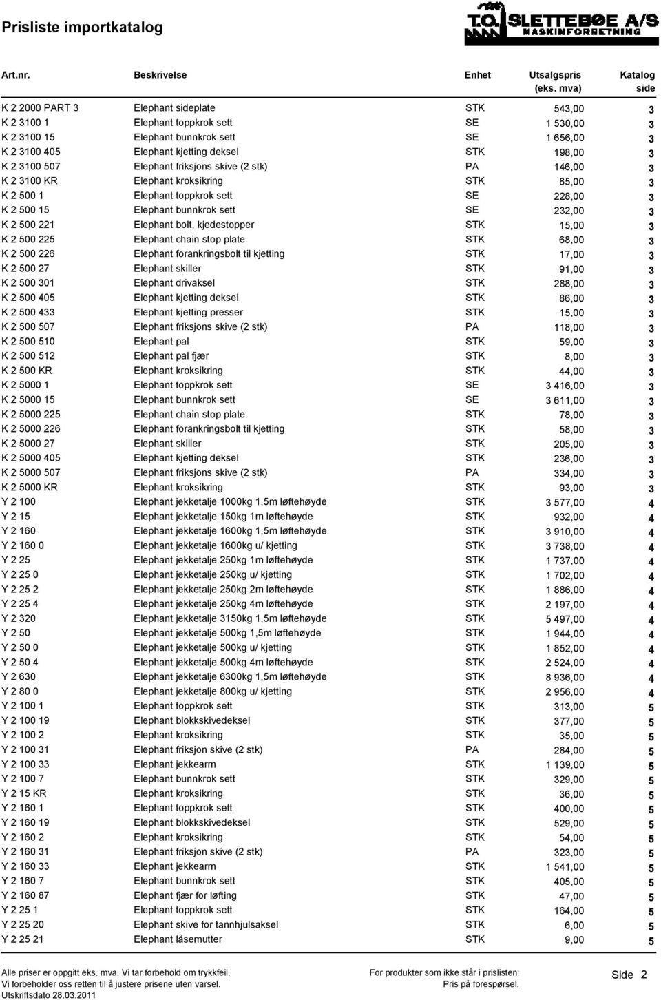 68,00 K 00 6 Elephant forankringsbolt til kjetting STK 17,00 K 00 7 Elephant skiller STK 91,00 K 00 01 Elephant drivaksel STK 8,00 K 00 Elephant kjetting deksel STK 86,00 K 00 Elephant kjetting