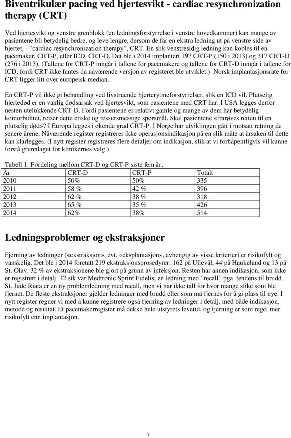 En slik venstresidig ledning kan kobles til en pacemaker, CRT-P, eller ICD, CRT-D. Det ble i 2014 implantert 197 CRT-P (150 i 2013) og 317 CRT-D (276 i 2013).