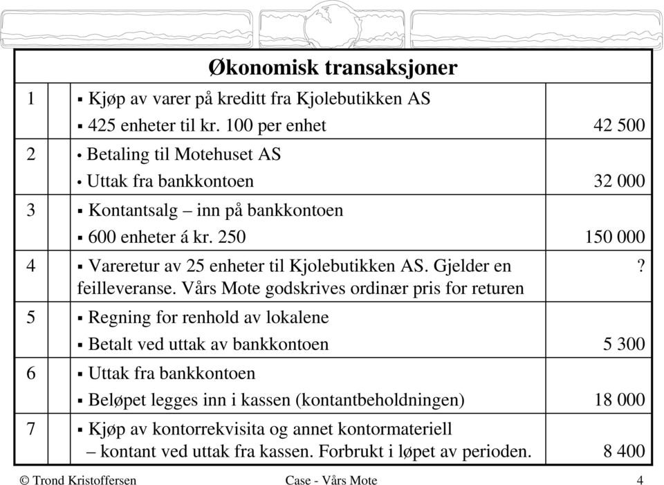 Vårs Mote godskrives ordinær pris for returen Regning for renhold av lokalene Betalt ved uttak av bankkontoen Uttak fra bankkontoen Beløpet legges inn i kassen