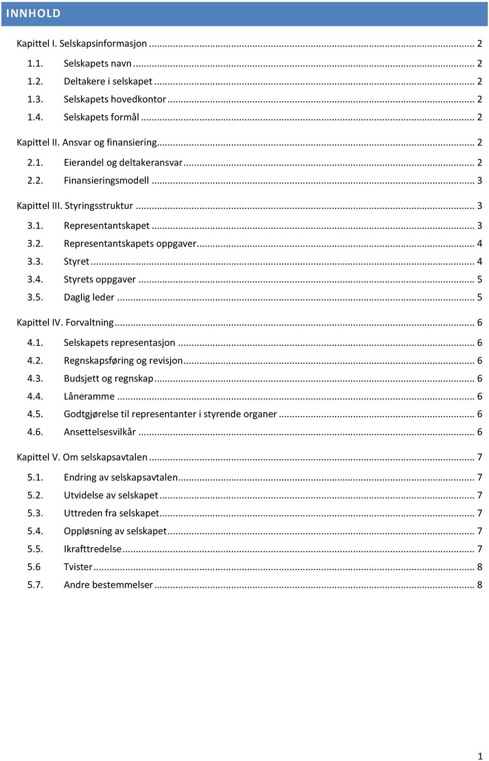 .. 5 3.5. Daglig leder... 5 Kapittel IV. Forvaltning... 6 4.1. Selskapets representasjon... 6 4.2. Regnskapsføring og revisjon... 6 4.3. Budsjett og regnskap... 6 4.4. Låneramme... 6 4.5. Godtgjørelse til representanter i styrende organer.