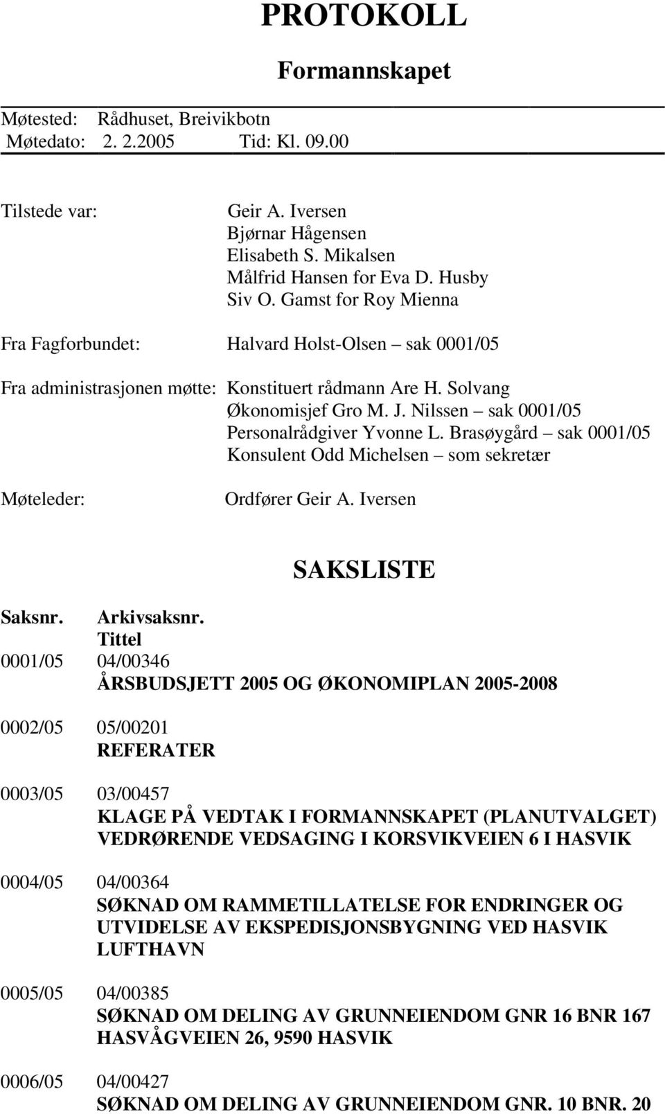 Nilssen sak 0001/05 Personalrådgiver Yvonne L. Brasøygård sak 0001/05 Konsulent Odd Michelsen som sekretær Møteleder: Ordfører Geir A. Iversen SAKSLISTE Saksnr. Arkivsaksnr.