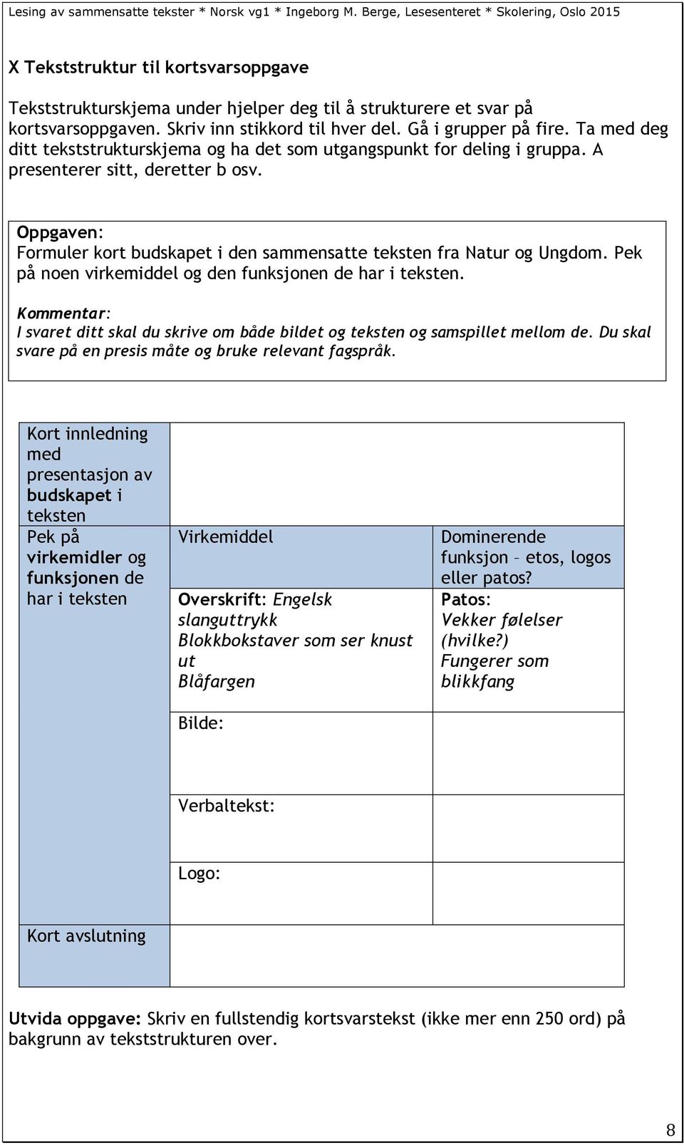 Pek på noen virkemiddel og den funksjonen de har i teksten. Kommentar: I svaret ditt skal du skrive om både bildet og teksten og samspillet mellom de.