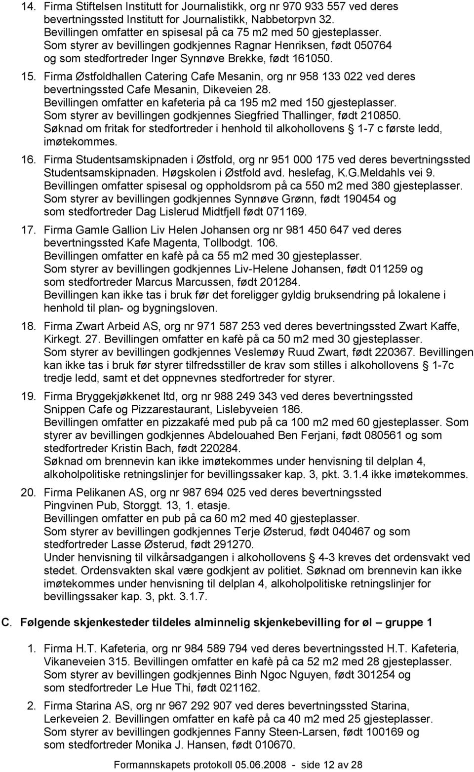 Firma Østfoldhallen Catering Cafe Mesanin, org nr 958 133 022 ved deres bevertningssted Cafe Mesanin, Dikeveien 28. Bevillingen omfatter en kafeteria på ca 195 m2 med 150 gjesteplasser.