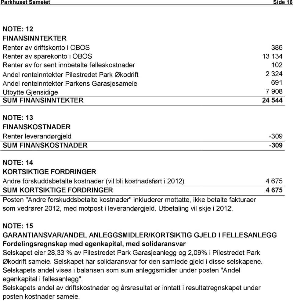 FINANSKOSTNADER -309 NOTE: 14 KORTSIKTIGE FORDRINGER Andre forskuddsbetalte kostnader (vil bli kostnadsført i 2012) 4 675 SUM KORTSIKTIGE FORDRINGER 4 675 Posten "Andre forskuddsbetalte kostnader"