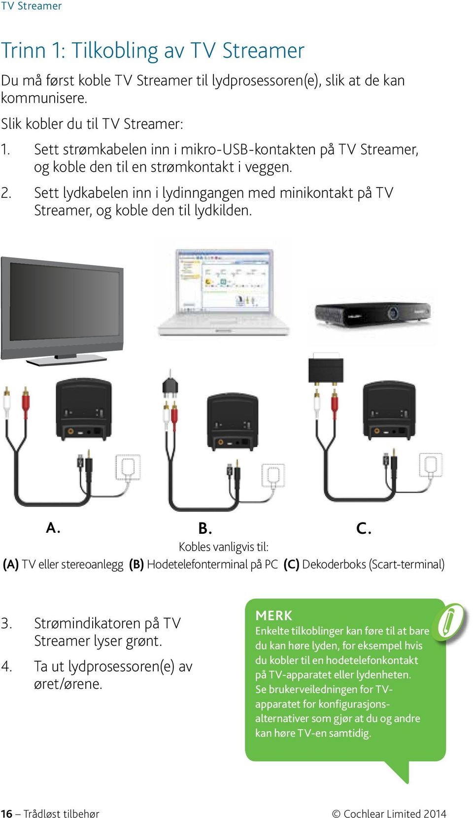 A. B. C. Kobles vanligvis til: (A) TV eller stereoanlegg (B) Hodetelefonterminal på PC (C) Dekoderboks (Scart-terminal) 3. Strømindikatoren på TV Streamer lyser grønt. 4.