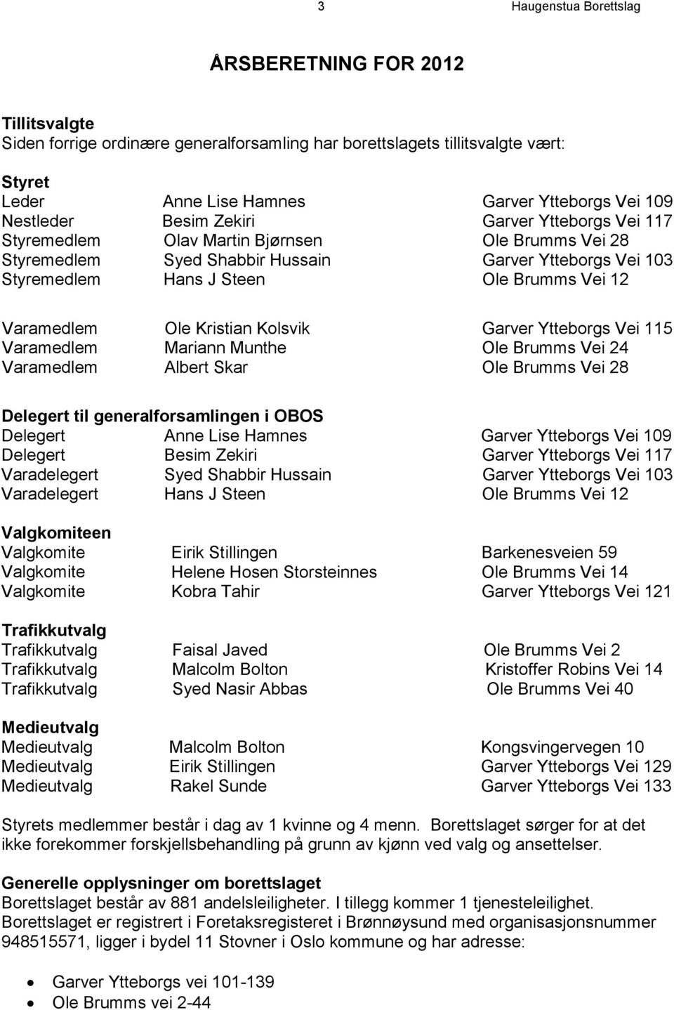 Varamedlem Ole Kristian Kolsvik Garver Ytteborgs Vei 115 Varamedlem Mariann Munthe Ole Brumms Vei 24 Varamedlem Albert Skar Ole Brumms Vei 28 Delegert til generalforsamlingen i OBOS Delegert Anne