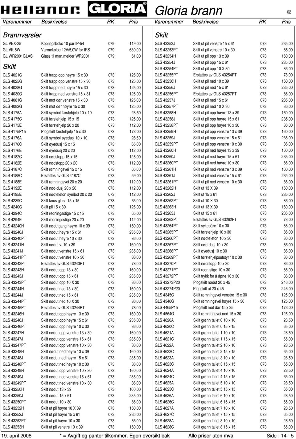 4030G Skilt trapp ned venstre 15 x 31 073 125,00 GLS 4081G Skilt mot dør venstre 15 x 30 073 125,00 GLS 4082G Skilt mot dør høyre 15 x 30 073 125,00 GLS 4175A Skilt symbol førstehjelp 10 x 10 073