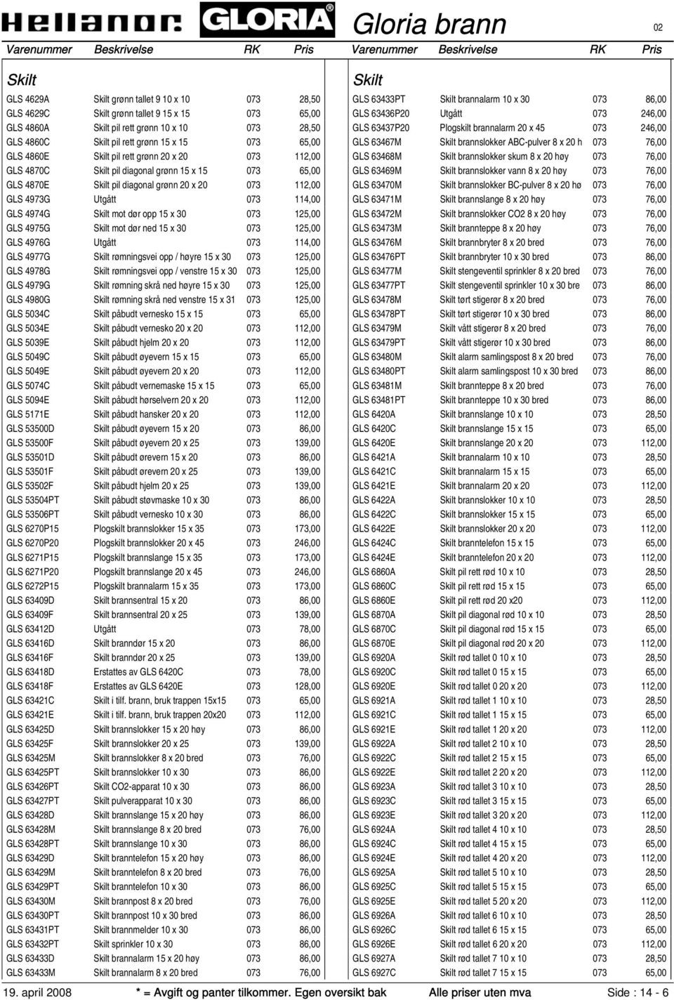 4974G Skilt mot dør opp 15 x 30 073 125,00 GLS 4975G Skilt mot dør ned 15 x 30 073 125,00 GLS 4976G Utgått 073 114,00 GLS 4977G Skilt rømningsvei opp / høyre 15 x 30 073 125,00 GLS 4978G Skilt