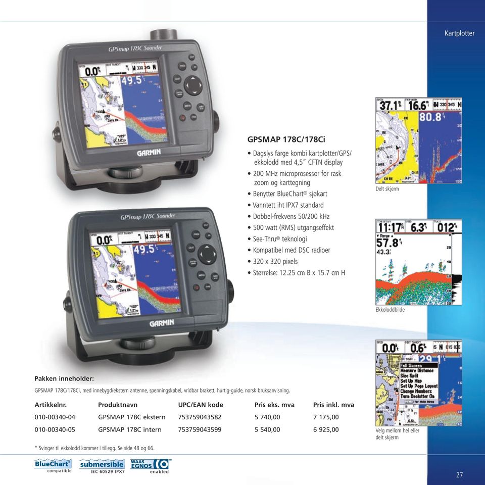7 cm H Delt skjerm Ekkoloddbilde Pakken inneholder: GPSMAP 178C/178Ci, med innebygd/ekstern antenne, spenningskabel, vridbar brakett, hurtig-guide, norsk bruksanvisning. Artikkelnr.