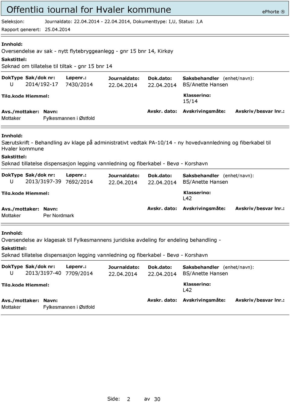 dispensasjon legging vannledning og fiberkabel - Bevø - Korshavn 2013/3197-39 7692/2014 BS/Anette Hansen L42 Mottaker Per Nordmark Oversendelse av klagesak til Fylkesmannens juridiske