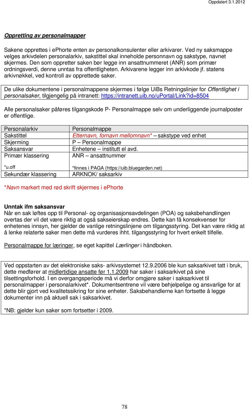 Den som oppretter saken bør legge inn ansattnummeret () som primær ordningsverdi, denne unntas fra offentligheten. Arkivarene legger inn arkivkode jf.