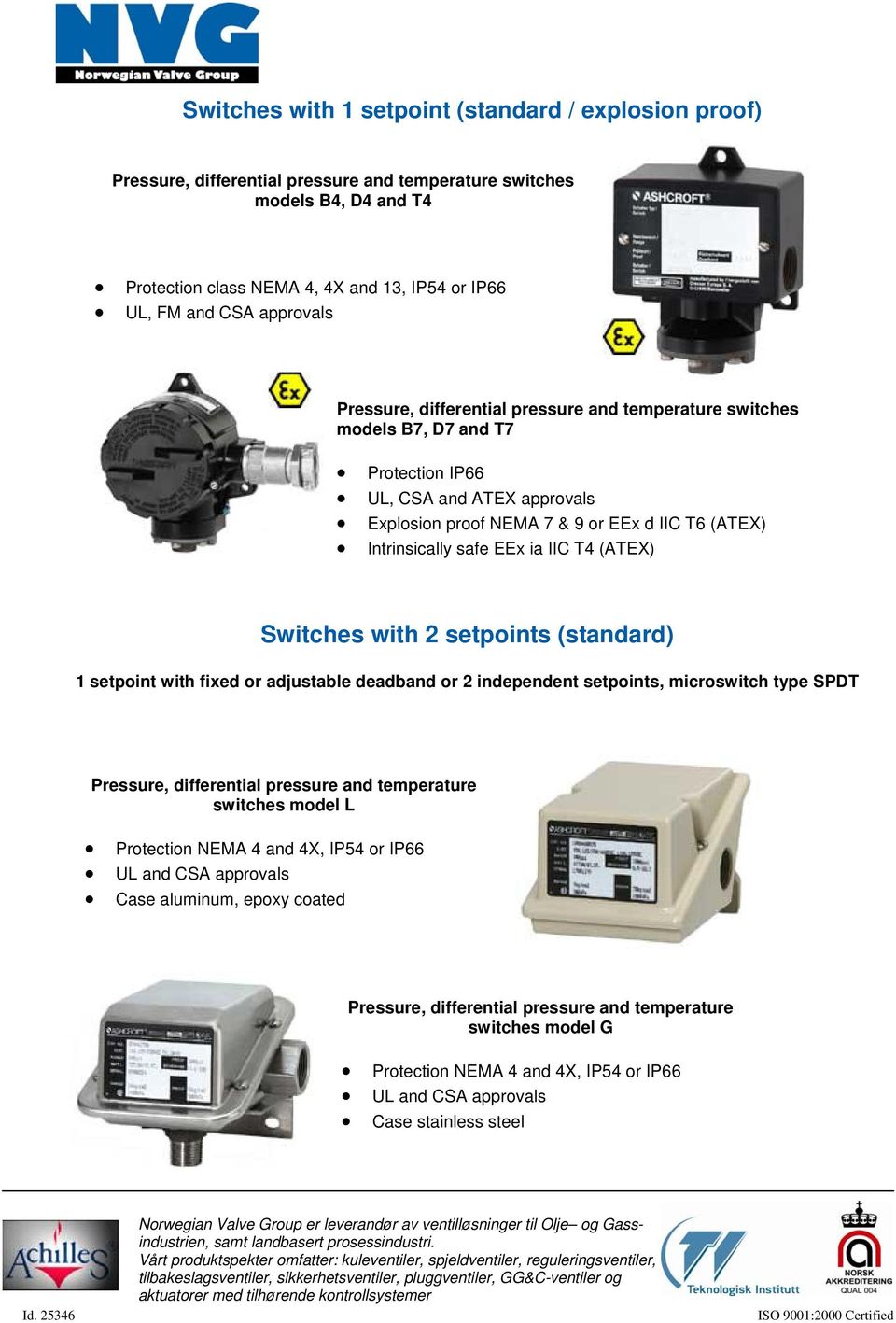 EEx ia IIC T4 (ATEX) Switches with 2 setpoints (standard) 1 setpoint with fixed or adjustable deadband or 2 independent setpoints, microswitch type SPDT Pressure, differential pressure and