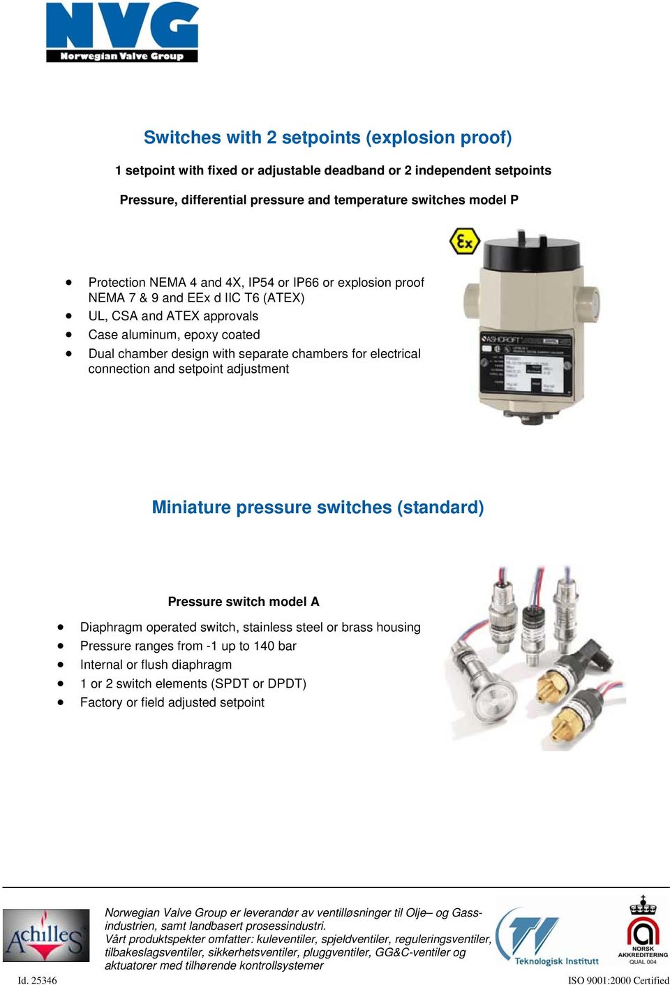 chamber design with separate chambers for electrical connection and setpoint adjustment Miniature pressure switches (standard) Pressure switch model A Diaphragm operated