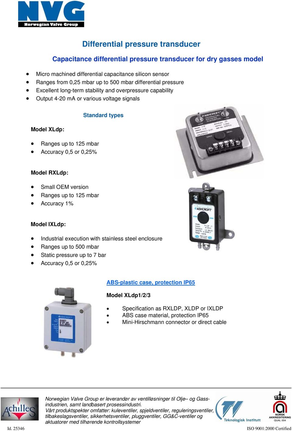 Standard types Model RXLdp: Small OEM version Ranges up to 125 mbar Accuracy 1% Model IXLdp: Industrial execution with stainless steel enclosure Ranges up to 500 mbar Static pressure up