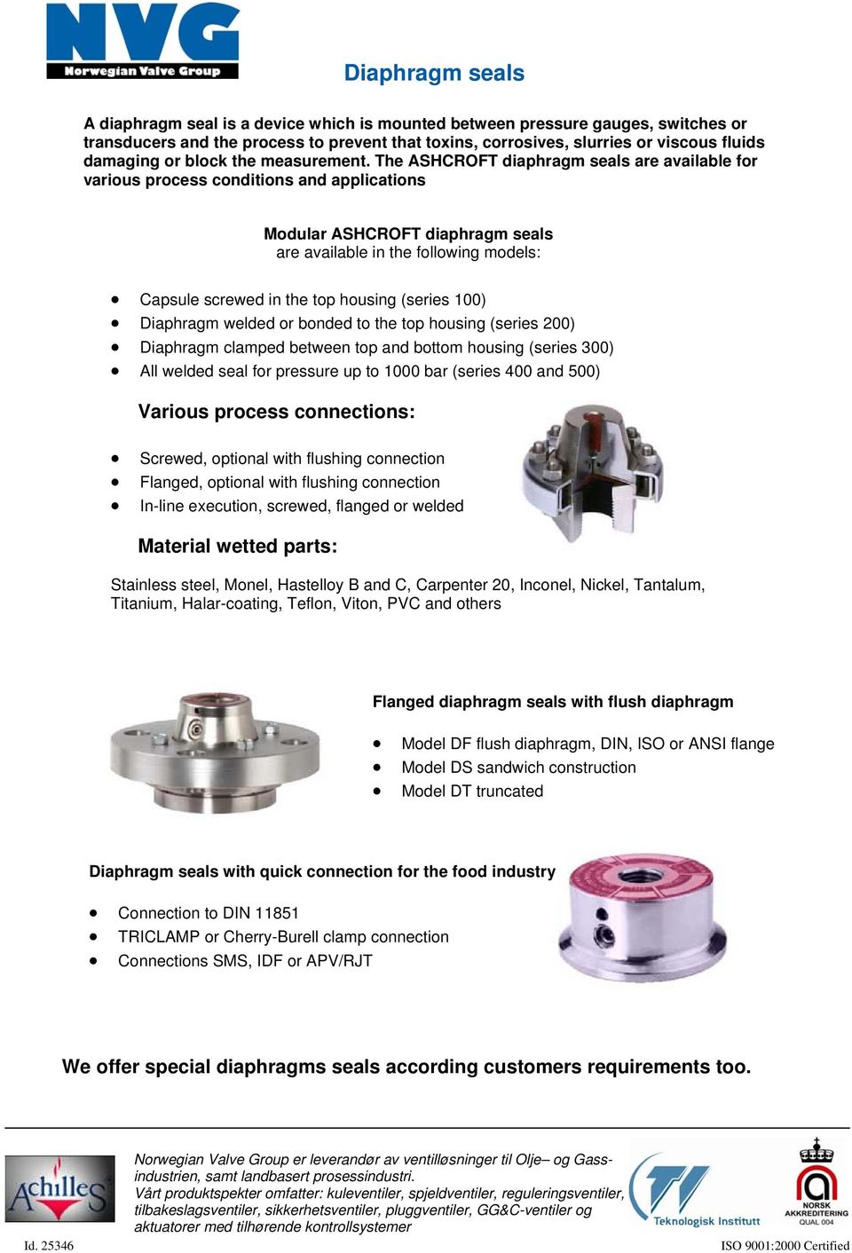 The ASHCROFT diaphragm seals are available for various process conditions and applications Modular ASHCROFT diaphragm seals are available in the following models: Capsule screwed in the top housing