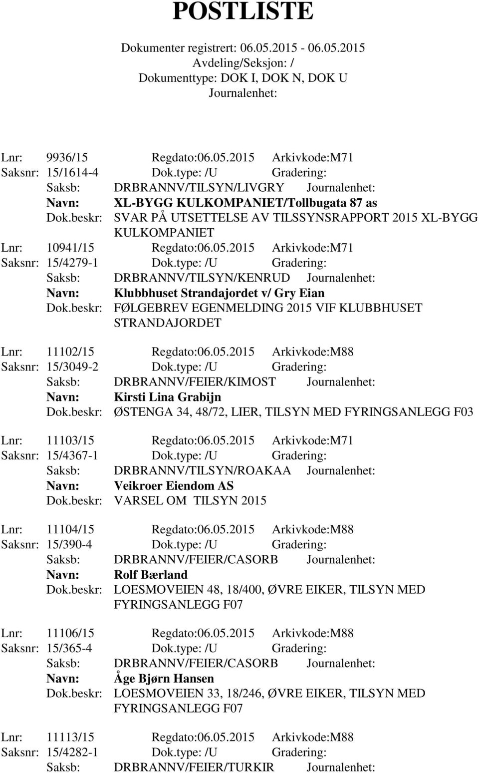 type: /U Gradering: Saksb: DRBRANNV/TILSYN/KENRUD Navn: Klubbhuset Strandajordet v/ Gry Eian Dok.beskr: FØLGEBREV EGENMELDING 2015 VIF KLUBBHUSET STRANDAJORDET Lnr: 11102/15 Regdato:06.05.