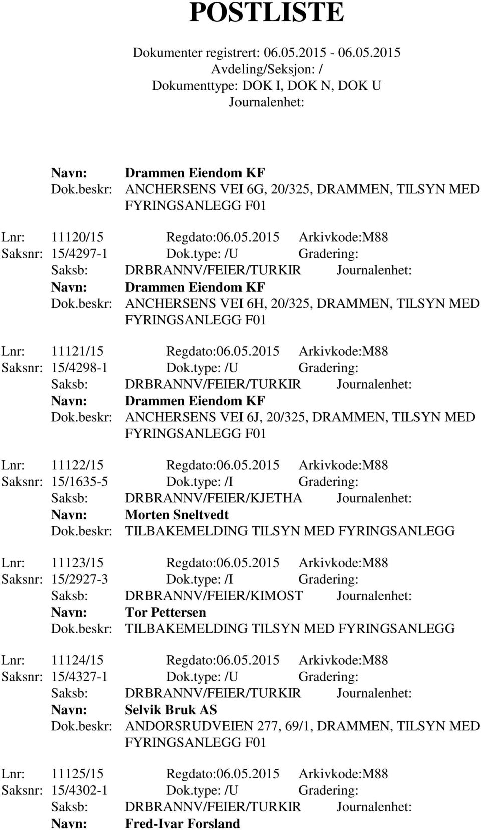 beskr: ANCHERSENS VEI 6J, 20/325, DRAMMEN, TILSYN MED Lnr: 11122/15 Regdato:06.05.2015 Arkivkode:M88 Saksnr: 15/1635-5 Dok.type: /I Gradering: Saksb: DRBRANNV/FEIER/KJETHA Navn: Morten Sneltvedt Dok.