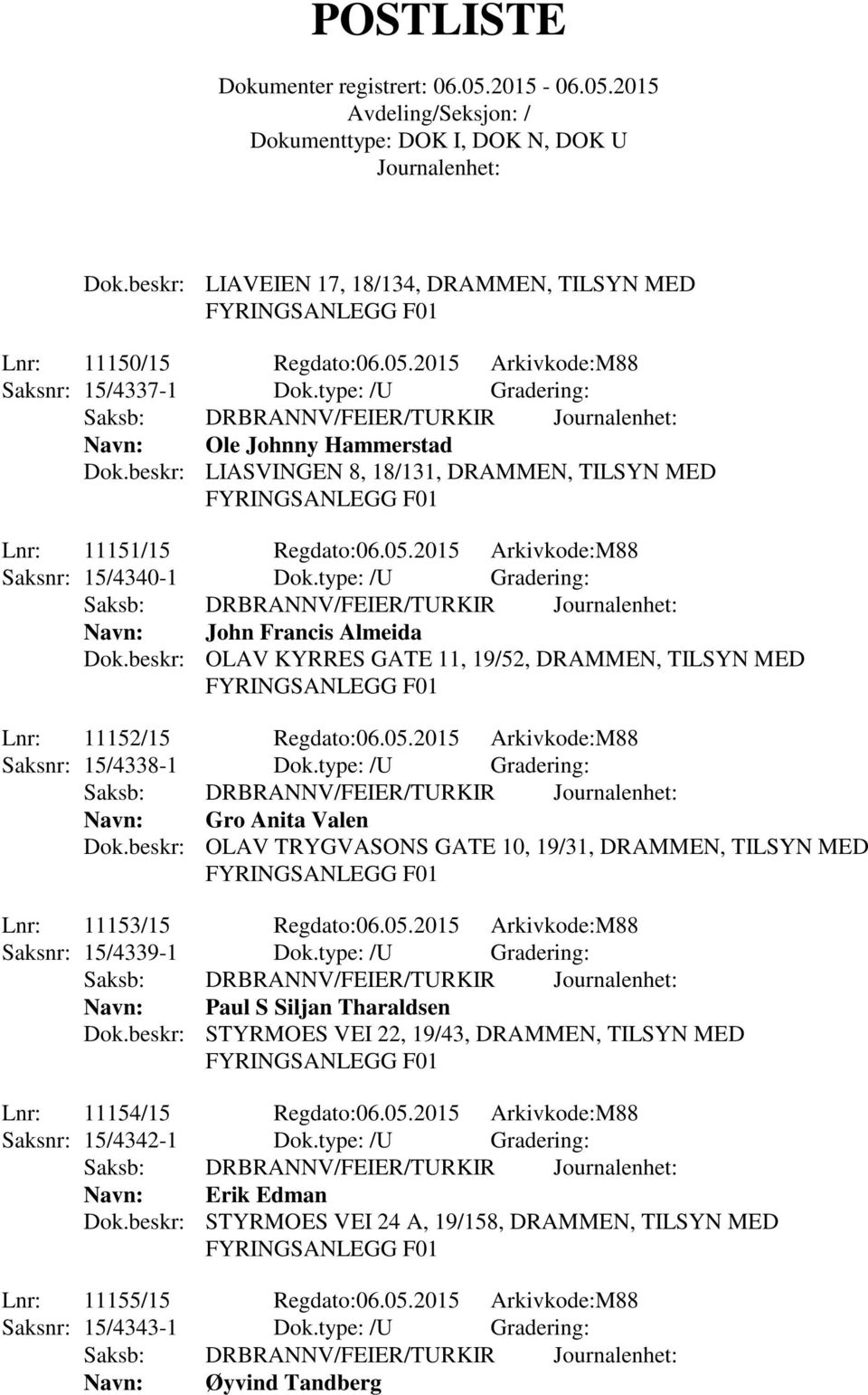 beskr: OLAV KYRRES GATE 11, 19/52, DRAMMEN, TILSYN MED Lnr: 11152/15 Regdato:06.05.2015 Arkivkode:M88 Saksnr: 15/4338-1 Dok.type: /U Gradering: Navn: Gro Anita Valen Dok.