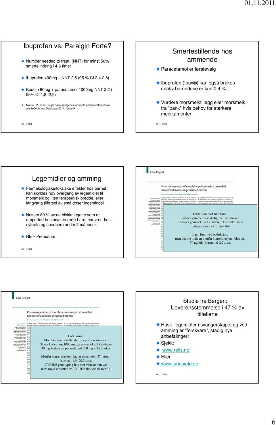 al, Single dose analgetics for acute postoperativepain in adultscochrane Database 2011, Issue 9 Smertestillende hos ammende Paracetamol er førstevalg Ibuprofen (Ibux ) kan også brukes relativ