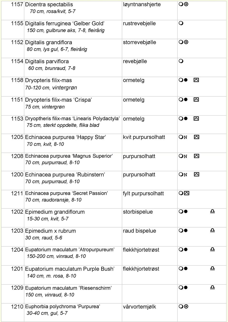 oppdelte, flika blad 1205 Echinacea purpurea Happy Star 70 cm, kvit, 8-10 1208 Echinacea purpurea Magnus Superior 70 cm, purpurraud, 8-10 1200 Echinacea purpurea Rubinstern 70 cm, purpurraud, 8-10