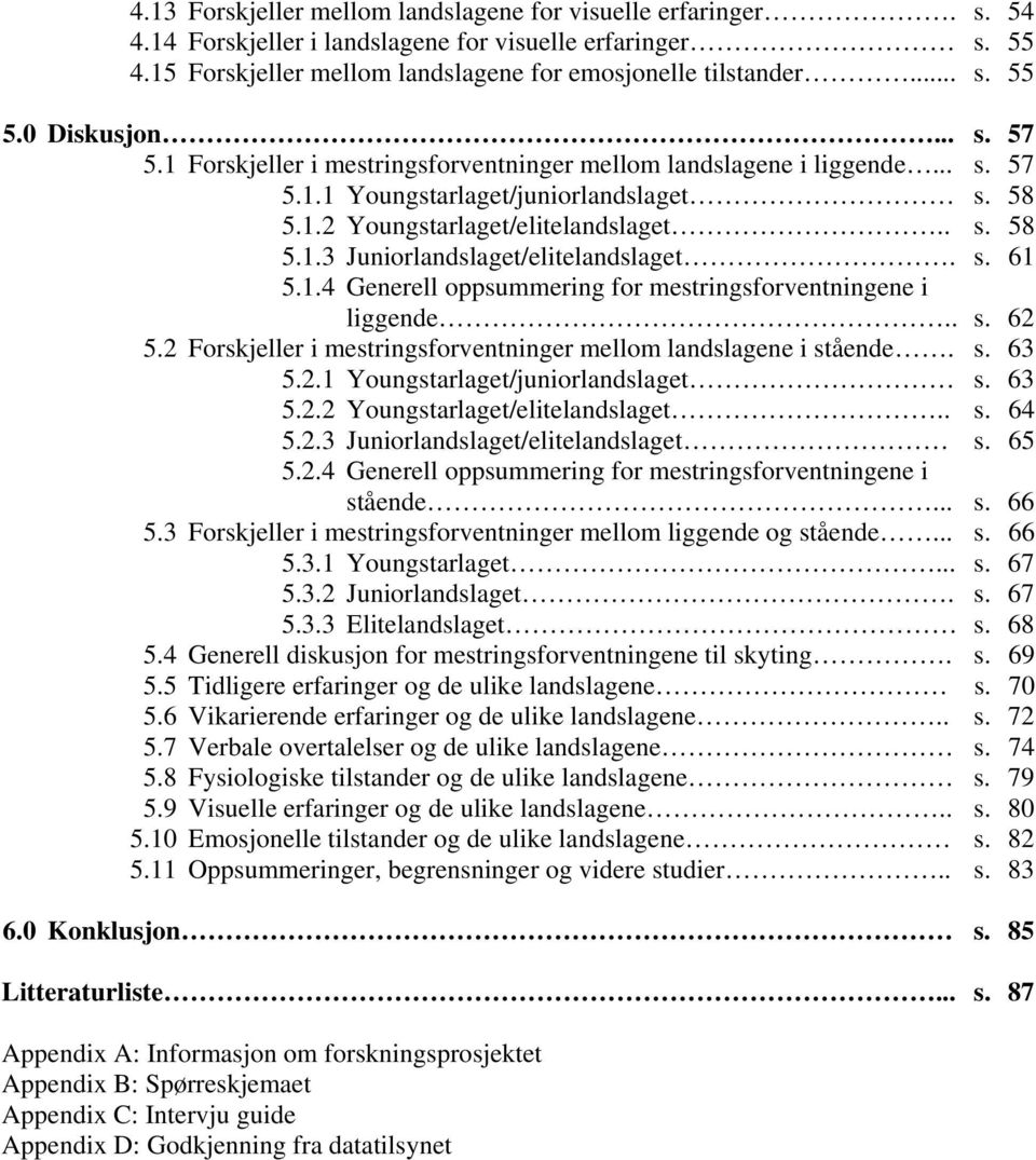 s. 61 5.1.4 Generell oppsummering for mestringsforventningene i liggende.. s. 62 5.2 Forskjeller i mestringsforventninger mellom landslagene i stående. s. 63 5.2.1 Youngstarlaget/juniorlandslaget s.