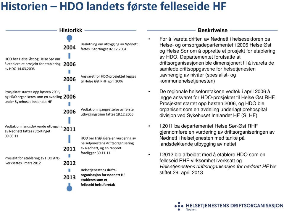 2004 Ansvaret for HDO-prosjektet legges til Helse Øst RHF april 2006 Beskrivelse For å ivareta driften av Nødnett i helsesektoren ba Helse- og omsorgsdepartementet i 2006 Helse Øst og Helse Sør om å