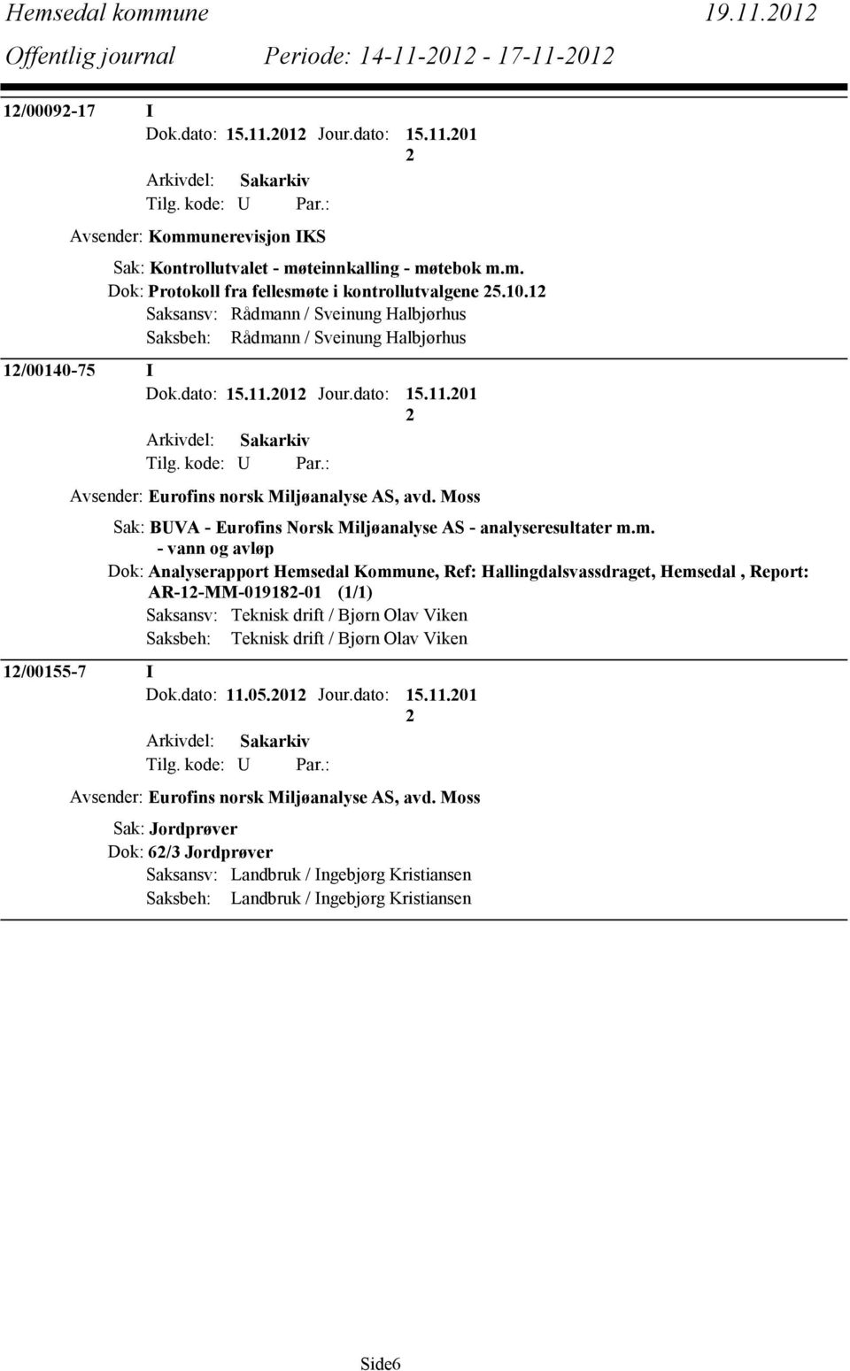 01 Jour.dato: 15.11.01 Avsender: Eurofins norsk Miljøanalyse AS, avd. Moss Sak: BUVA - Eurofins Norsk Miljøanalyse AS - analyseresultater m.