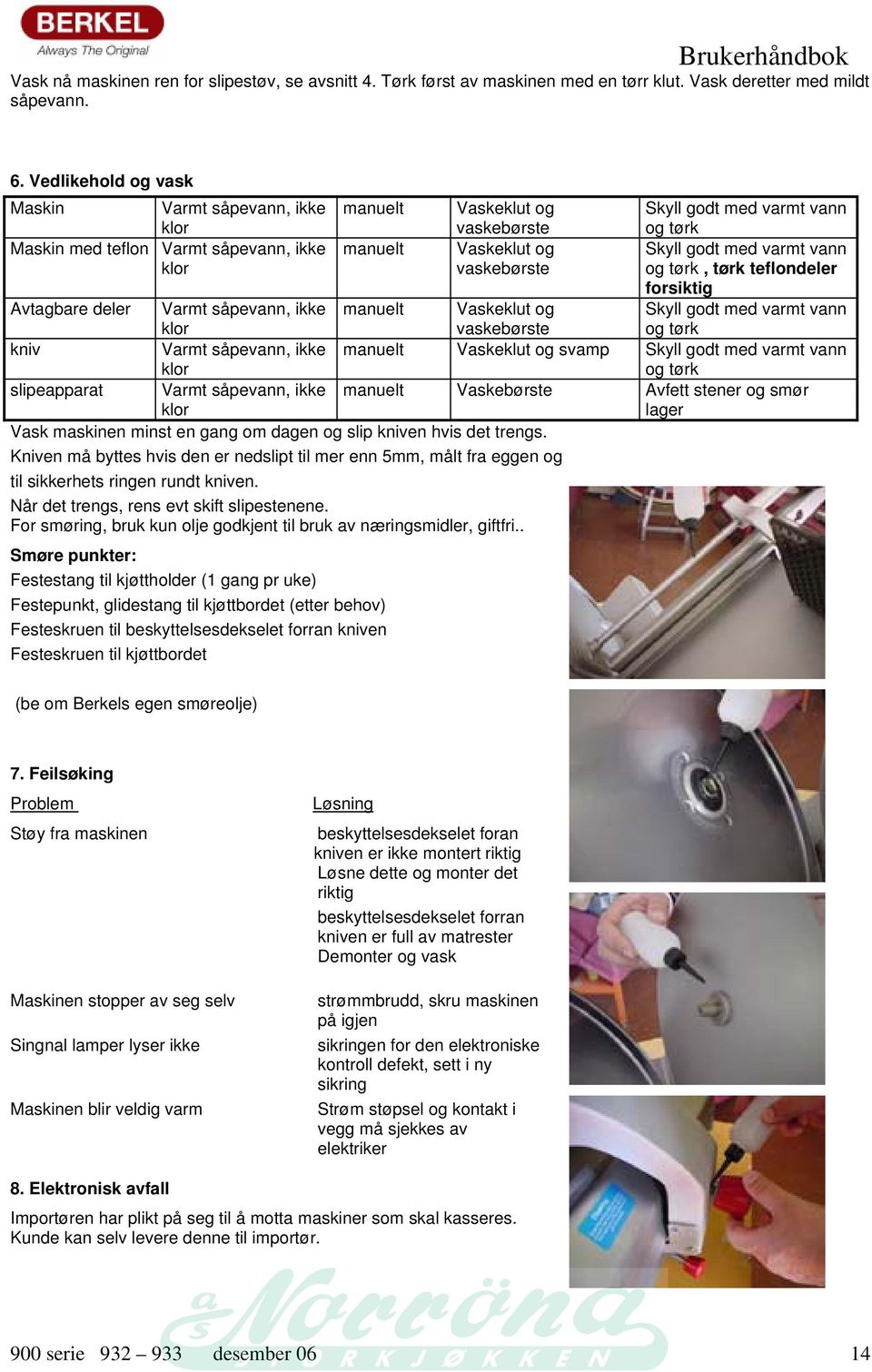 ikke klor Vask maskinen minst en gang om dagen og slip kniven hvis det trengs. Kniven må byttes hvis den er nedslipt til mer enn 5mm, målt fra eggen og til sikkerhets ringen rundt kniven.