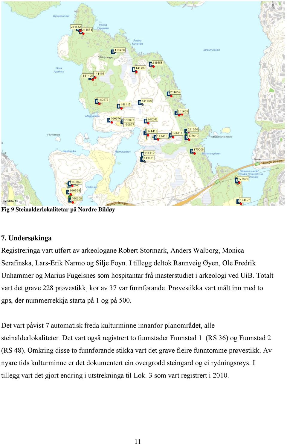 Prøvestikka vart målt inn med to gps, der nummerrekkja starta på 1 og på 500. Det vart påvist 7 automatisk freda kulturminne innanfor planområdet, alle steinalderlokaliteter.