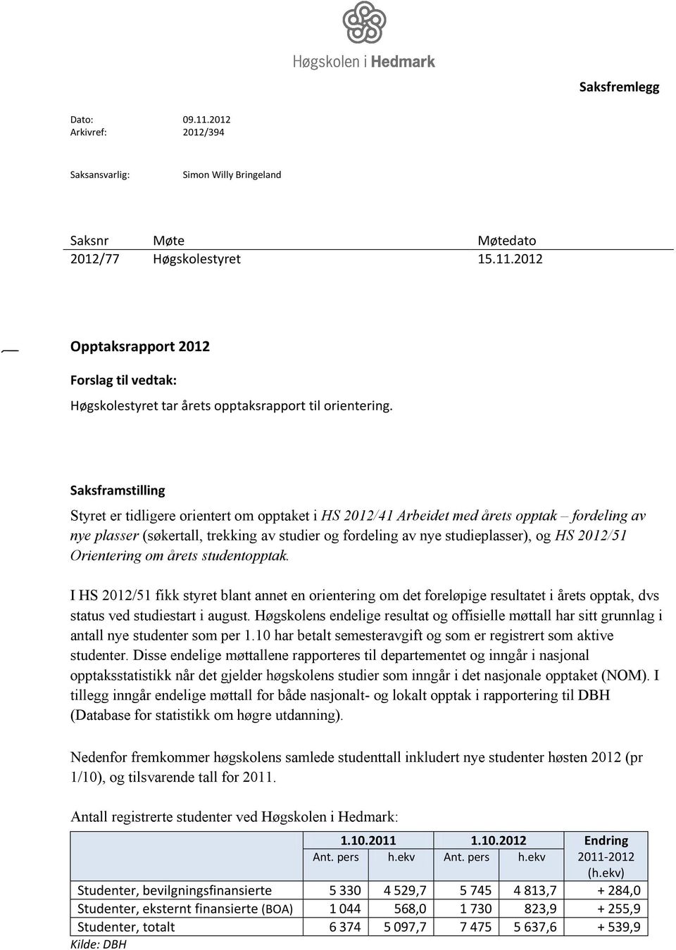 2012/51 Orientering om årets studentopptak. I HS 2012/51 fikk styret blant annet en orientering om det foreløpige resultatet i årets opptak, dvs status ved studiestart i august.