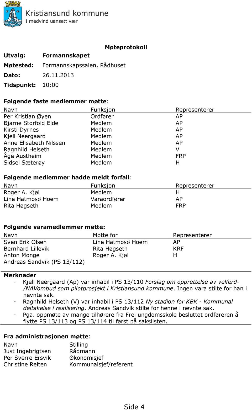 Elisabeth Nilssen Medlem AP Ragnhild Helseth Medlem V Åge Austheim Medlem FRP Sidsel Sæterøy Medlem H Følgende medlemmer hadde meldt forfall: Navn Funksjon Representerer Roger A.