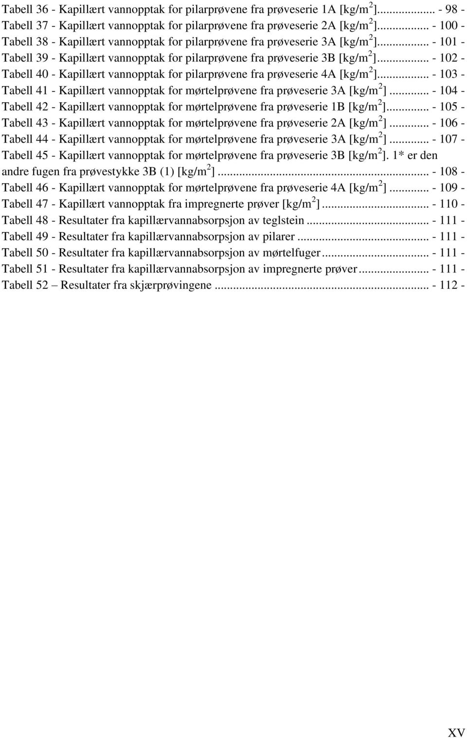 .. - 102 - Tabell 40 - Kapillært vannopptak for pilarprøvene fra prøveserie 4A [kg/m 2 ]... - 103 - Tabell 41 - Kapillært vannopptak for mørtelprøvene fra prøveserie 3A [kg/m 2 ].