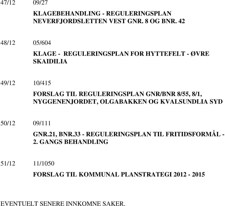 REGULERINGSPLAN GNR/BNR 8/55, 8/1, NYGGENENJORDET, OLGABAKKEN OG KVALSUNDLIA SYD 50/12 09/111 GNR.21, BNR.